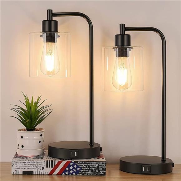 2-Pack Industrial Touch Control Table Lamp, 3 Way Dimmable 2 USB Charging Ports - Picture 1 of 5